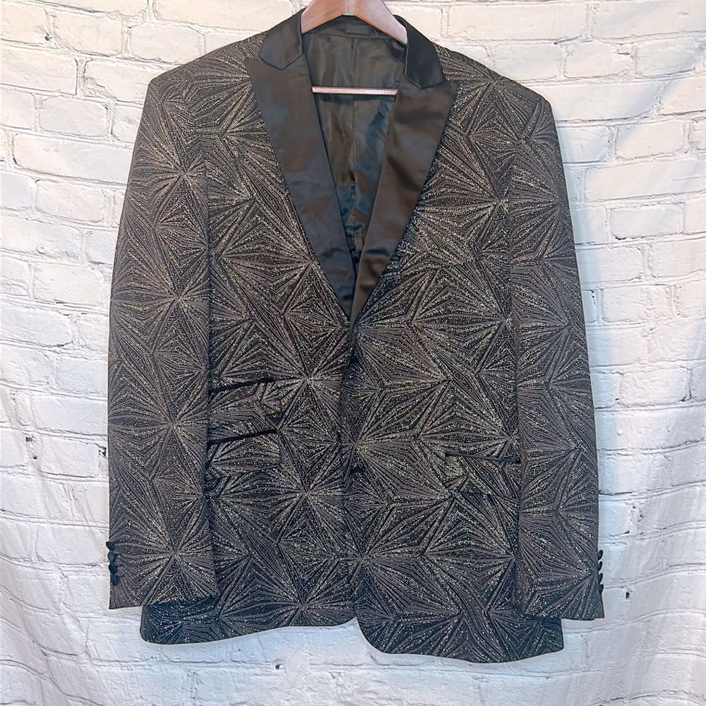 Blu Martini Black Satin Lapel Gold Glitter Cocktail Evening Coat/Jacket Size 2X